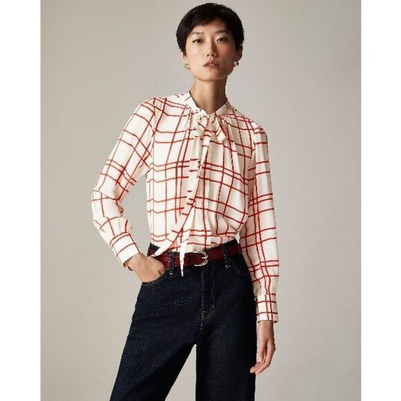 J.Crew Tie-neck top in plaid crepe de chine Ivory Red Size 2 NWT - Picture 1 of 7